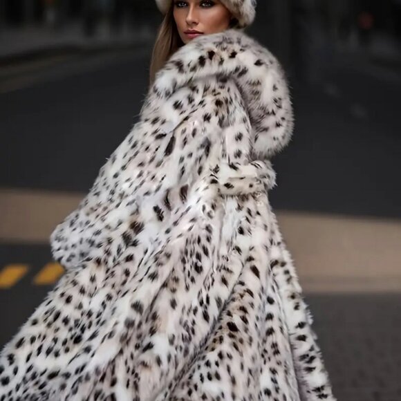 Leopard Print Faux Fur Hooded Midi Coat - L - Picture 4 of 6